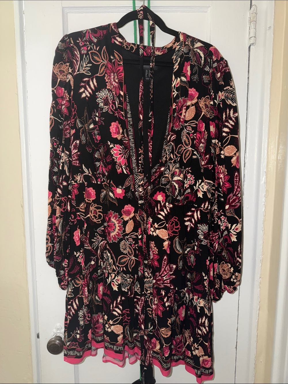 Adrianna Papell Black Floral V-Neck Mini Dress with Pink and Beige Accents